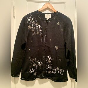 Stitches In Time NWT Black Snowflake Floral Cardigan Size L Beaded Embroidered
